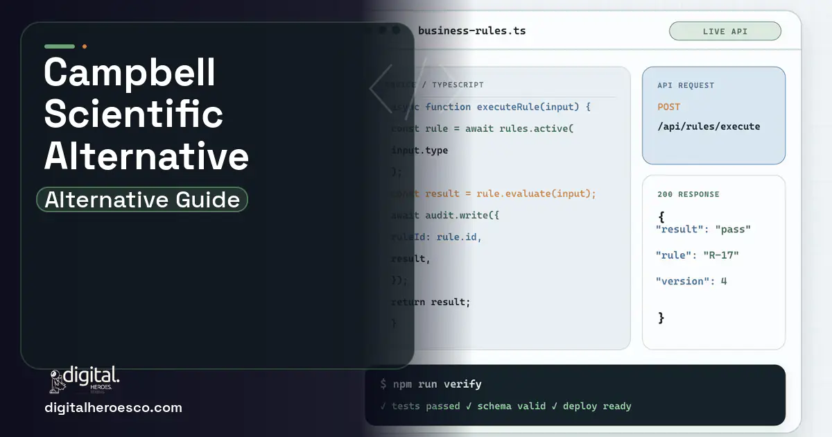 Custom Software Development code editor and API illustration for Campbell Scientific Alternatives.
