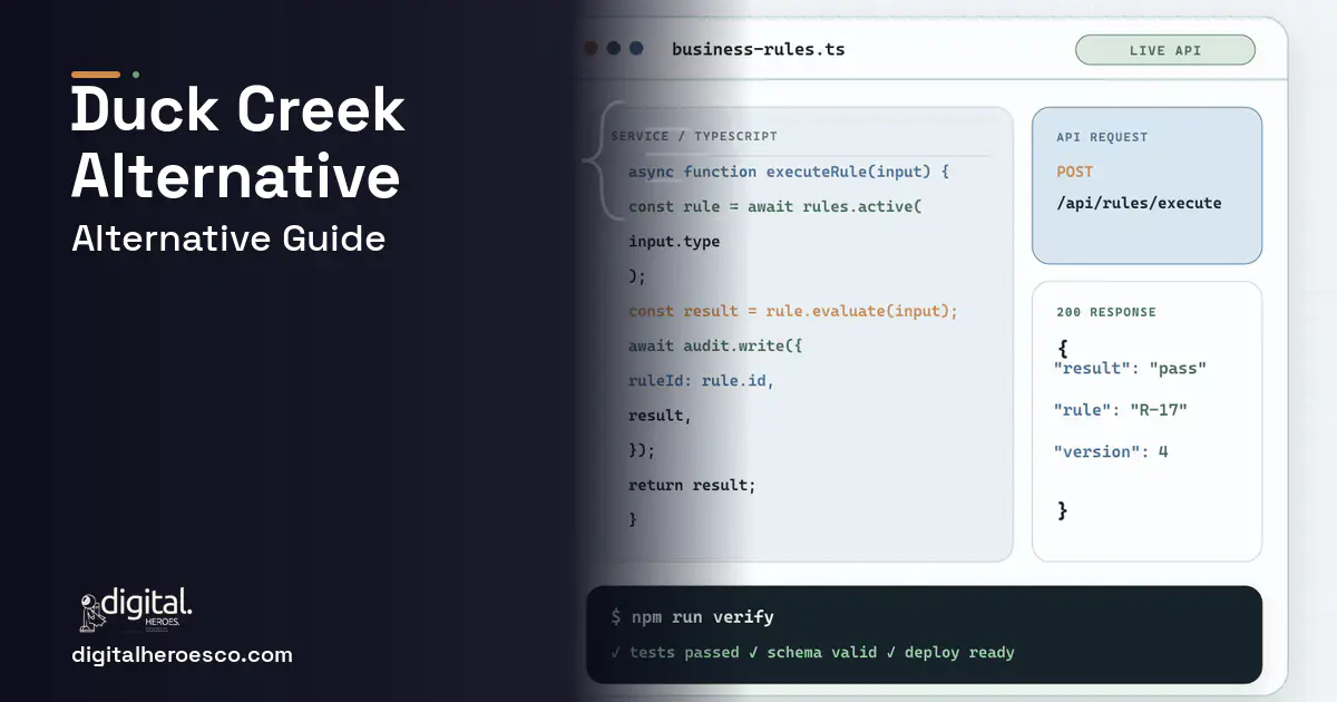 Custom Software Development code editor and API illustration for Duck Creek Alternative.