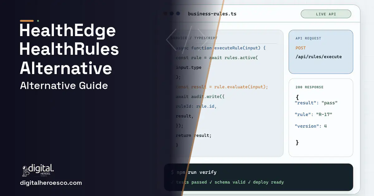 Custom Software Development code editor and API illustration for Healthedge Healthrules Payer Alternative.