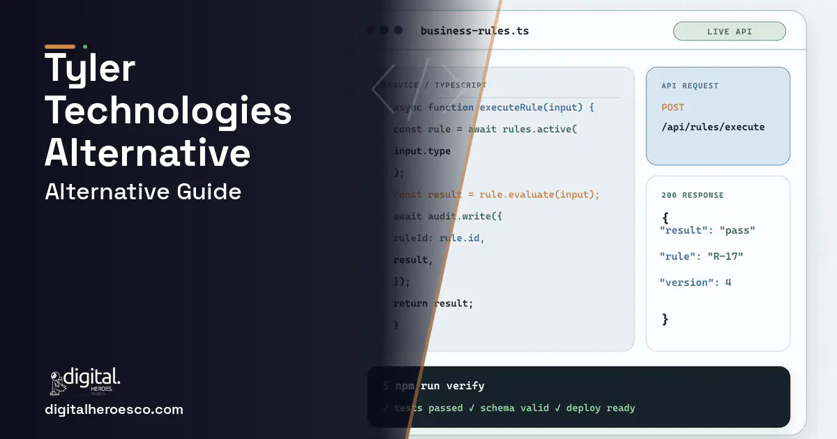 Custom Software Development code editor and API illustration for Tyler Technologies Alternative.