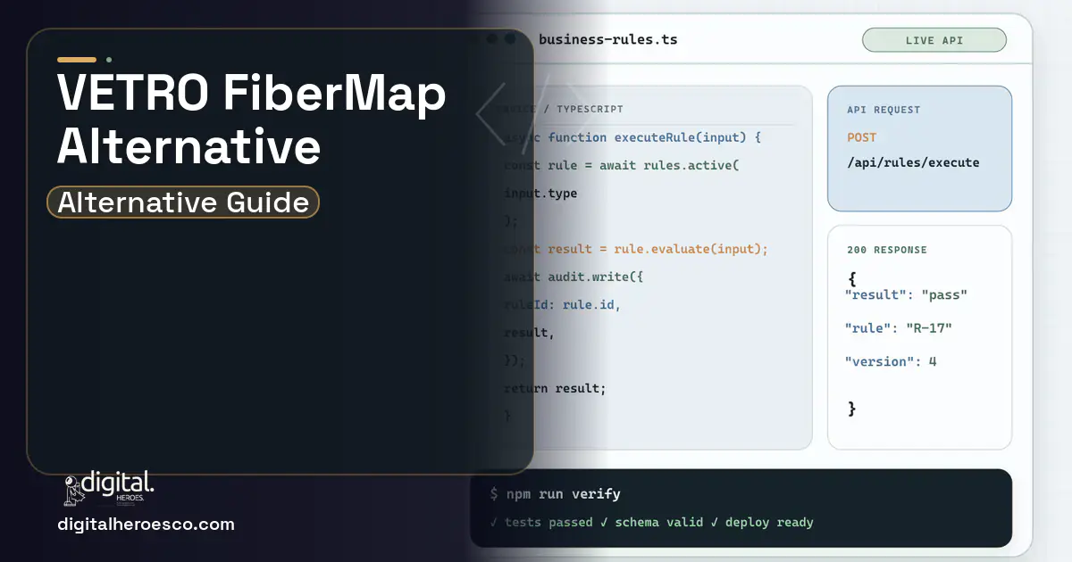 Custom Software Development code editor and API illustration for Vetro Fibermap Alternative.