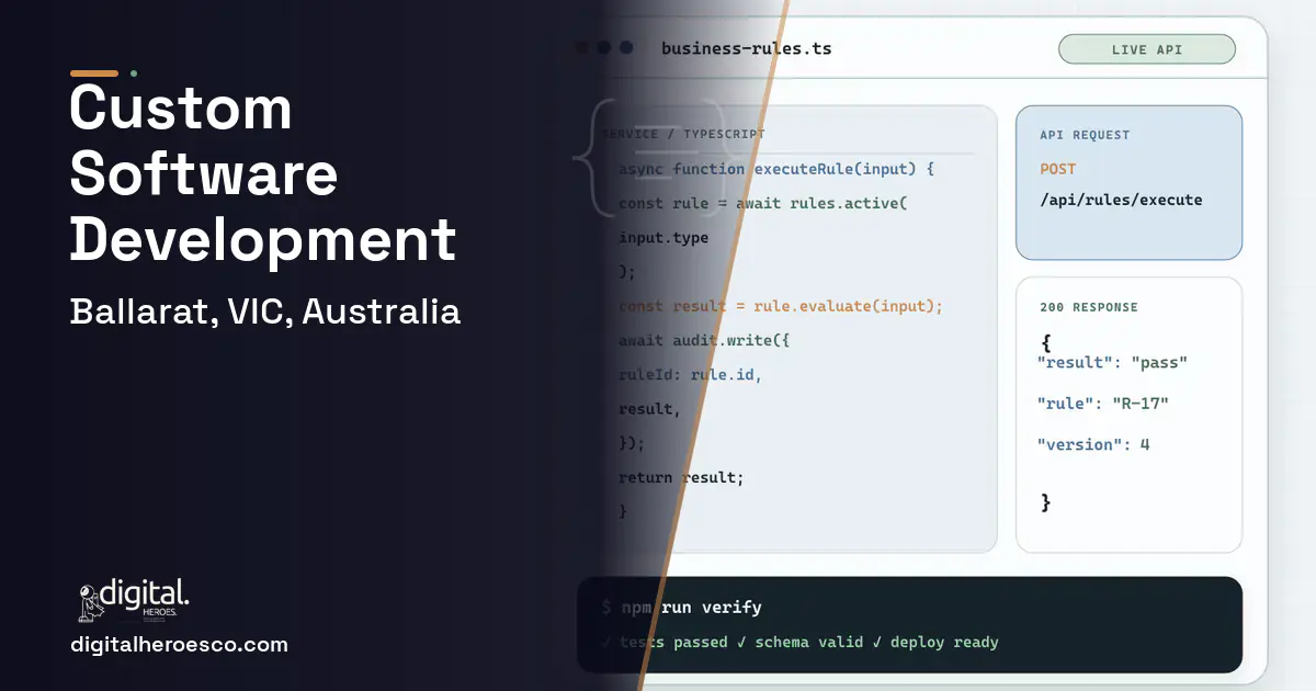 Custom Software Development code editor and API illustration for Ballarat, VIC, Australia.