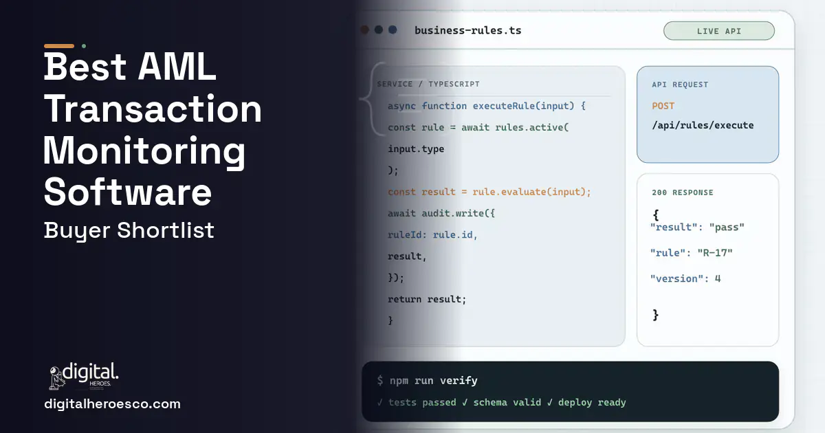 Custom Software Development code editor and API illustration for Best AML Transaction Monitoring Software in 2026.