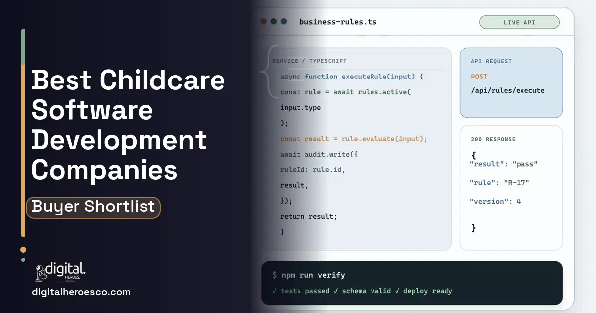 Custom Software Development code editor and API illustration for Best Childcare Software Development Companies 2026.