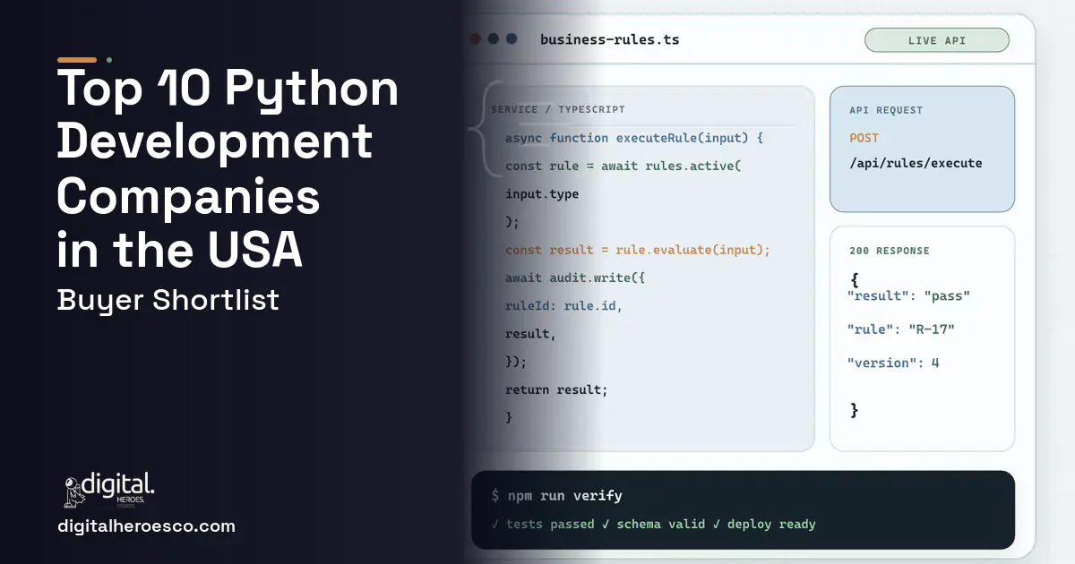 Custom Software Development code editor and API illustration for Top 10 Python Development Companies in the USA 2026.