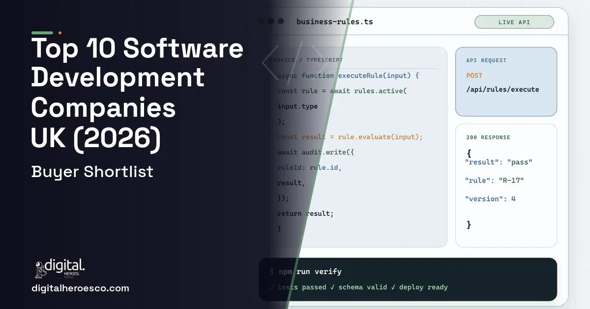 Custom Software Development code editor and API illustration for Top 10 Software Development Companies in the UK 2026.