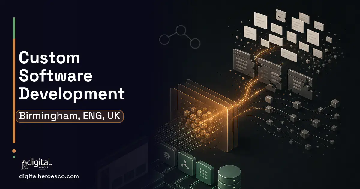 Custom Software Development workflow illustration for Birmingham, ENG, UK.