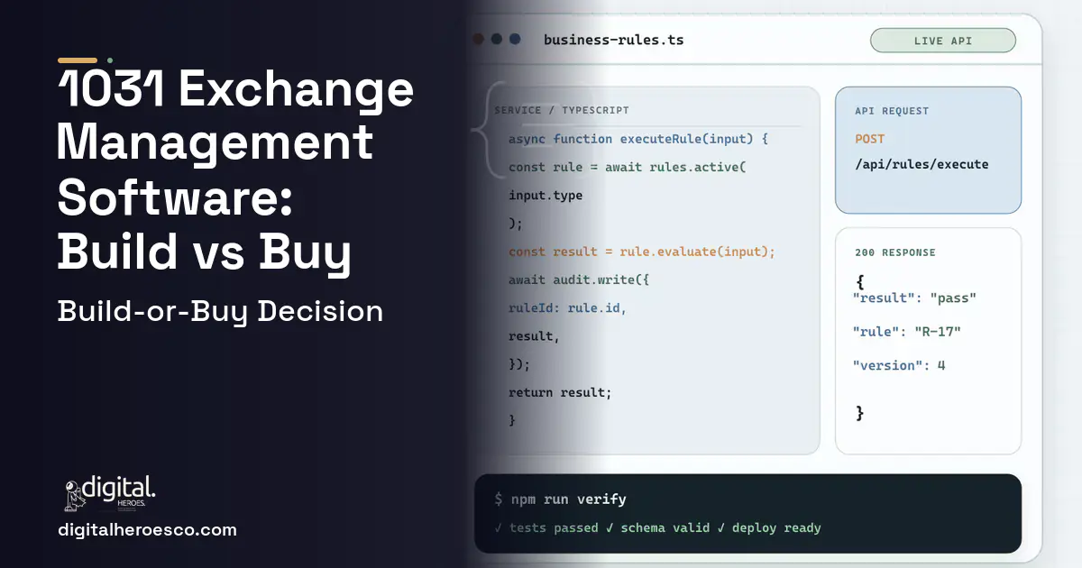 Custom Software Development code editor and API illustration for 1031 Exchange Management Software Build vs Buy Guide.