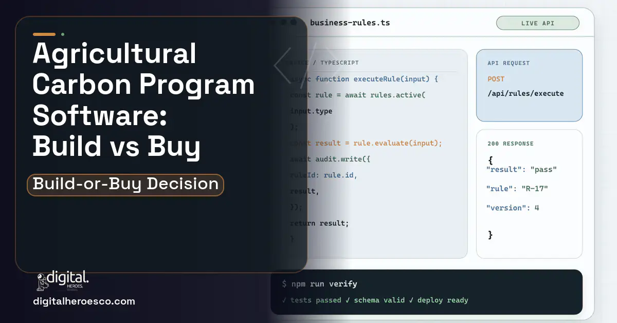 Custom software code editor and API illustration for Agricultural Carbon Program Software Build vs Buy Guide.