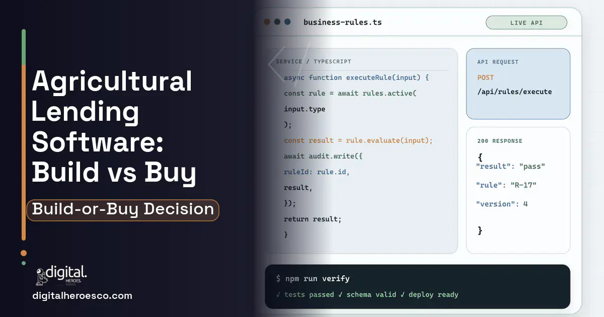 Custom Software Development code editor and API illustration for Agricultural Lending Software Build vs Buy Guide.