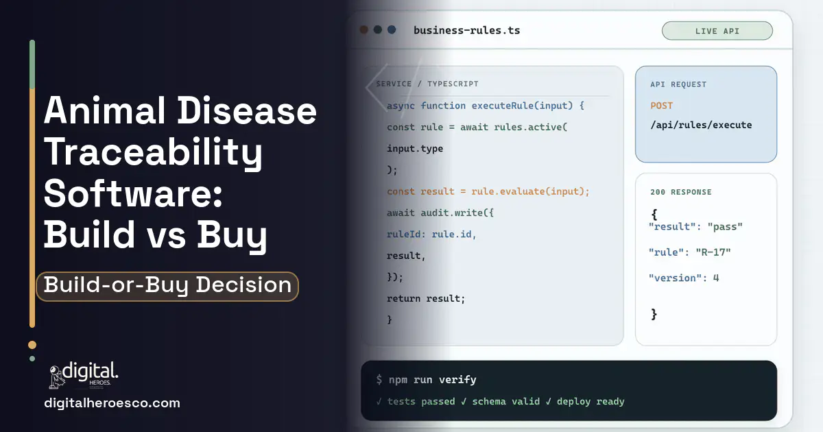 Custom software code editor and API illustration for Animal Disease Traceability Software Build vs Buy Guide.