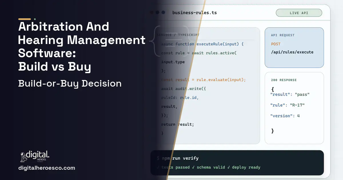 Custom software code editor and API illustration for Arbitration AND Hearing Management Software Build vs Buy Guide.