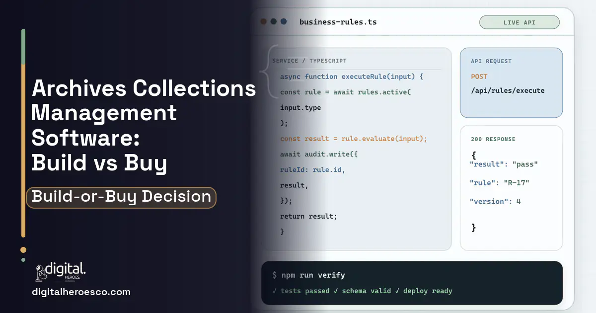 Custom software code editor and API illustration for Archives Collections Management Software Build vs Buy Guide.