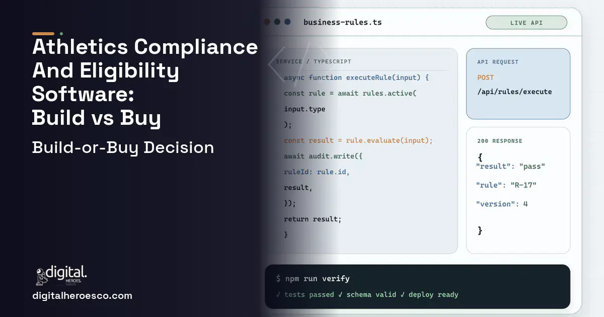 Custom software code editor and API illustration for Athletics Compliance AND Eligibility Software Build vs Buy Guide.