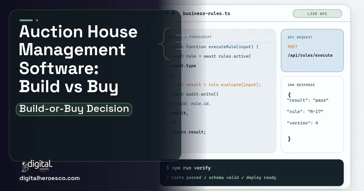 Custom Software Development code editor and API illustration for Auction House Management Software Build vs Buy Guide.