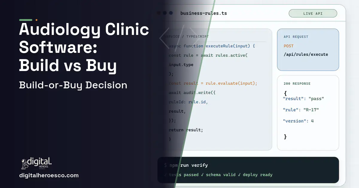 Custom Software Development code editor and API illustration for Audiology Clinic Software Build vs Buy Guide.