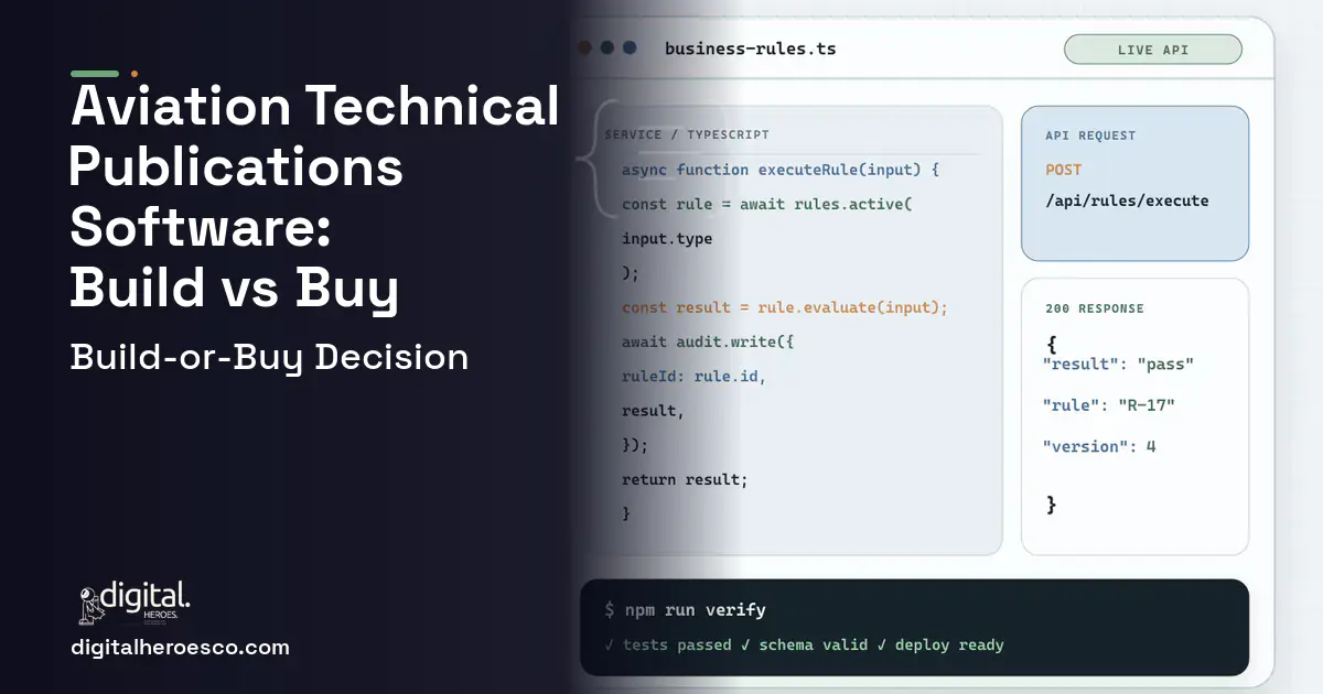 Custom software code editor and API illustration for Aviation Technical Publications Software Build vs Buy Guide.