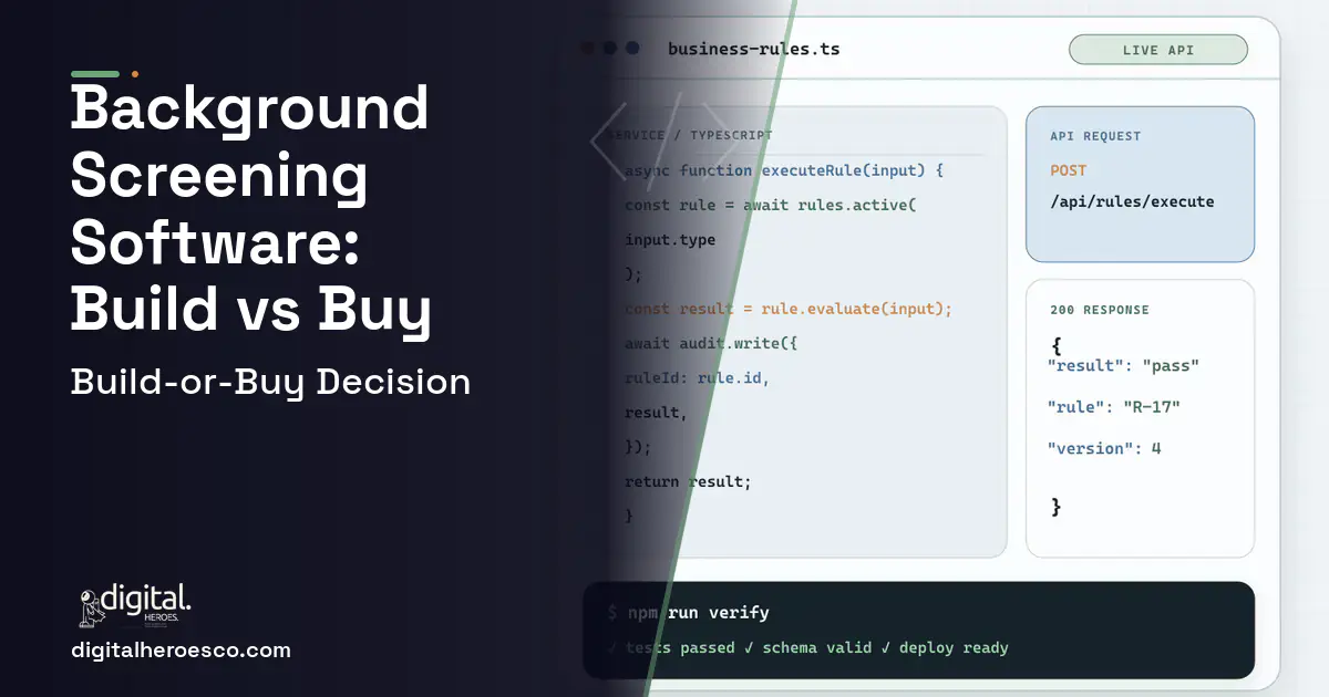 Custom Software Development code editor and API illustration for Background Screening Software Build vs Buy Guide.