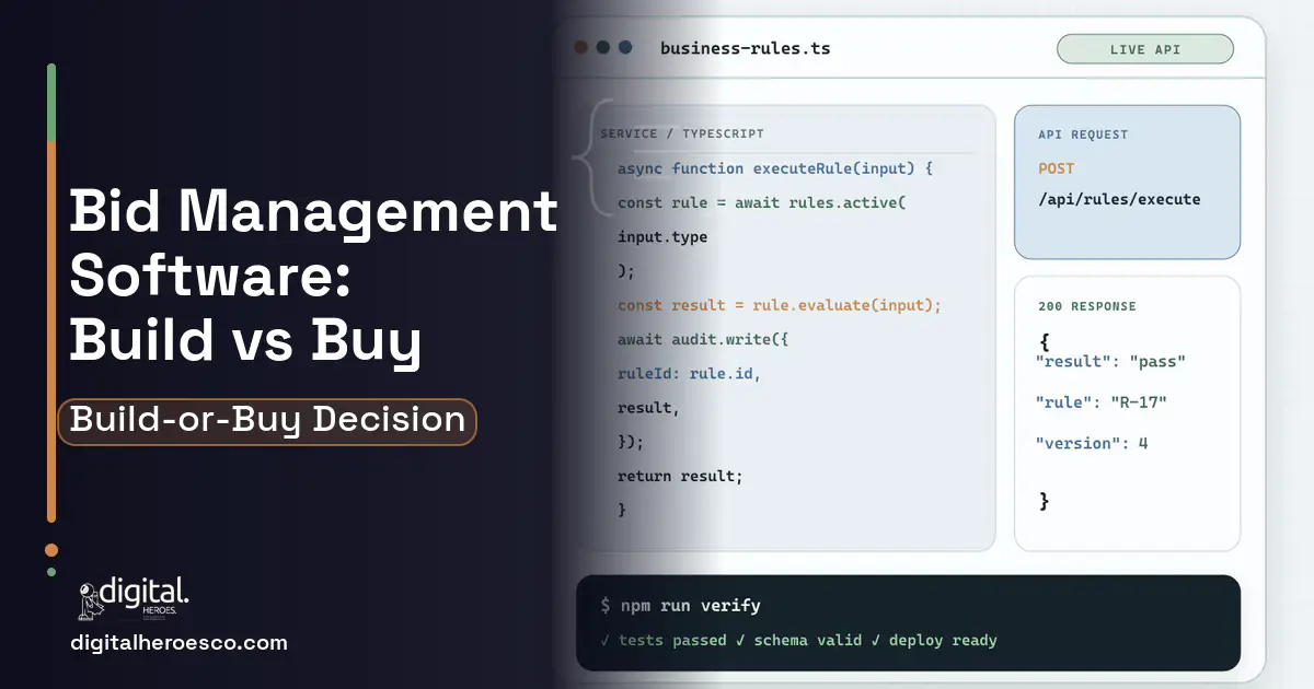 Custom Software Development code editor and API illustration for BID Management Software Build vs Buy Guide.