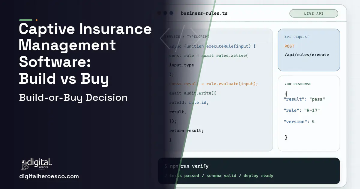 Custom software code editor and API illustration for Captive Insurance Management Software Build vs Buy Guide.