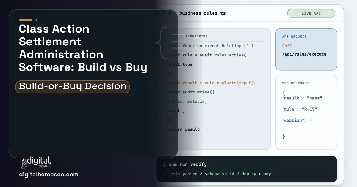 Custom software code editor and API illustration for Class Action Settlement Administration Software Build vs Buy Guide.