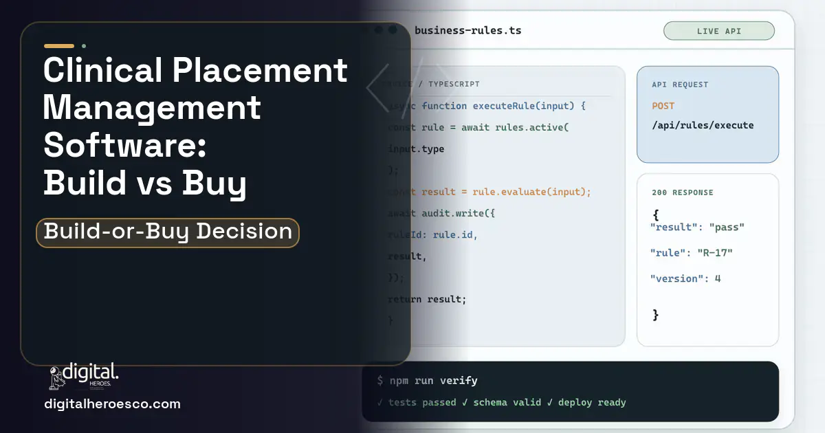 Custom software code editor and API illustration for Clinical Placement Management Software Build vs Buy Guide.