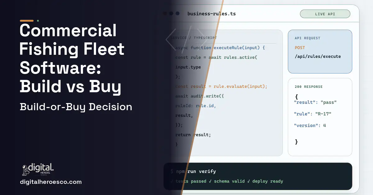Custom Software Development code editor and API illustration for Commercial Fishing Fleet Software Build vs Buy Guide.