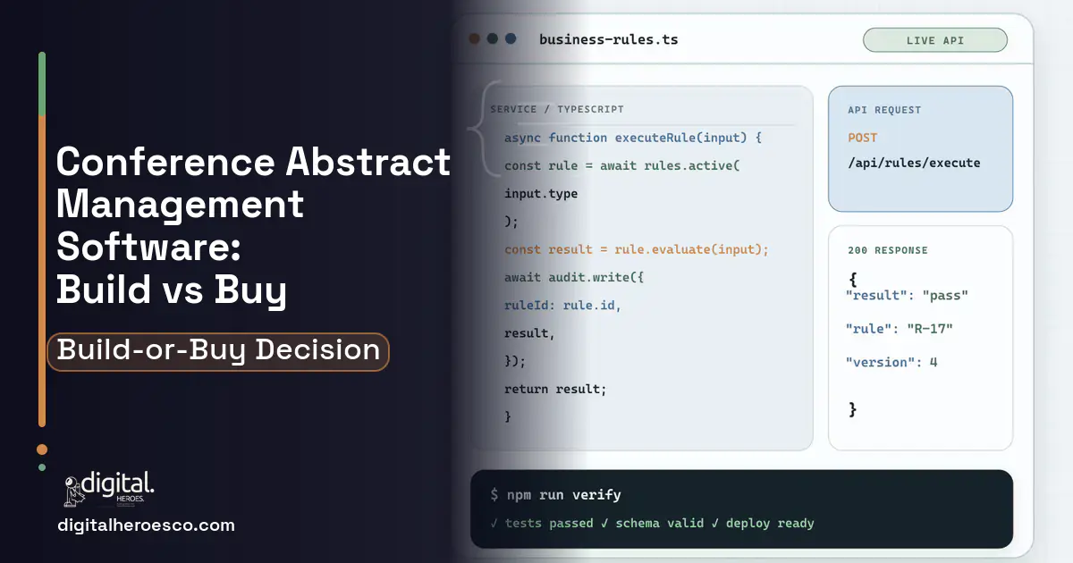 Custom software code editor and API illustration for Conference Abstract Management Software Build vs Buy Guide.
