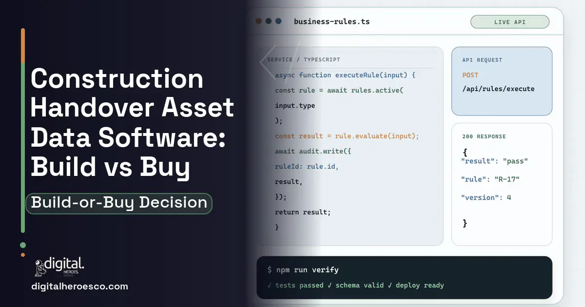 Custom software code editor and API illustration for Construction Handover Asset Data Software Build vs Buy Guide.