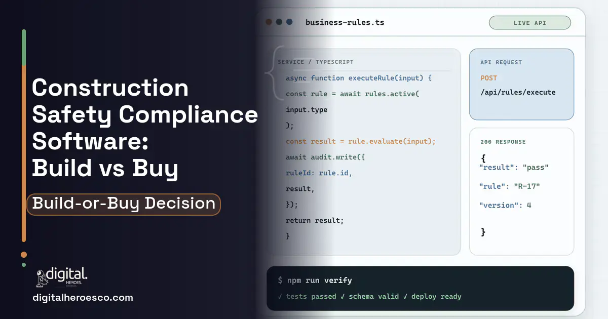Custom software code editor and API illustration for Construction Safety Compliance Software Build vs Buy Guide.