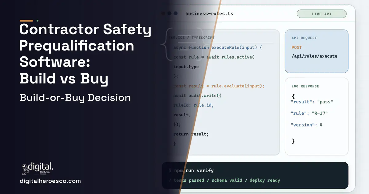 Custom software code editor and API illustration for Contractor Safety Prequalification Software Build vs Buy Guide.