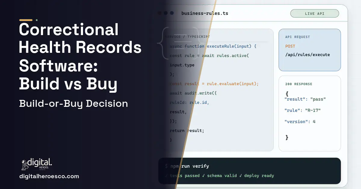 Custom software code editor and API illustration for Correctional Health Records Software Build vs Buy Guide.