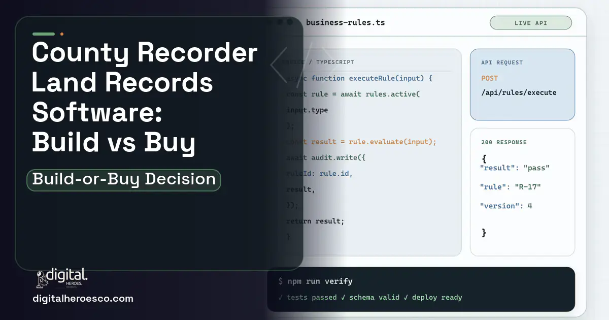 Custom software code editor and API illustration for County Recorder Land Records Software Build vs Buy Guide.