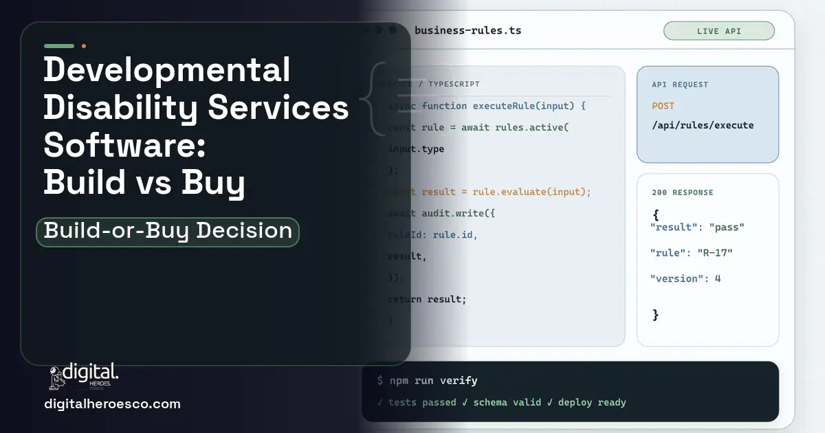 Custom software code editor and API illustration for Developmental Disability Services Software Build vs Buy Guide.