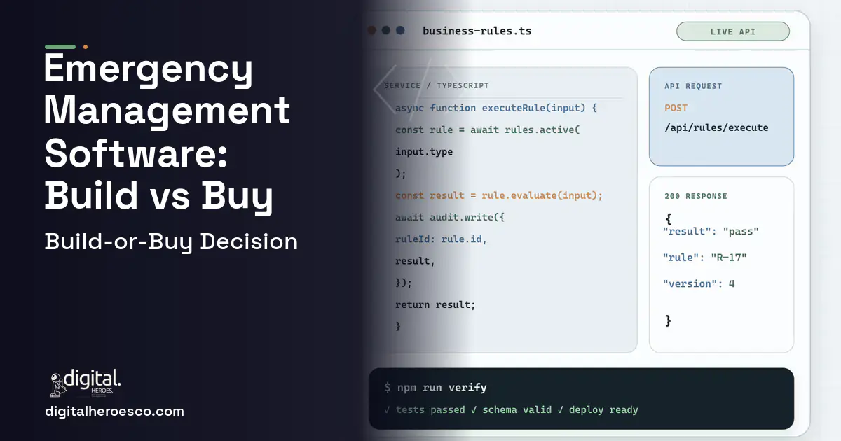 Custom Software Development code editor and API illustration for Emergency Management Software Build vs Buy Guide.