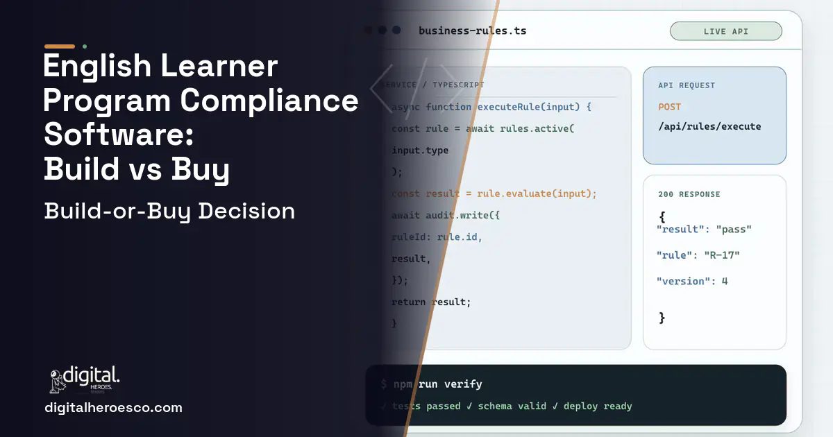 Custom software code editor and API illustration for English Learner Program Compliance Software Build vs Buy Guide.