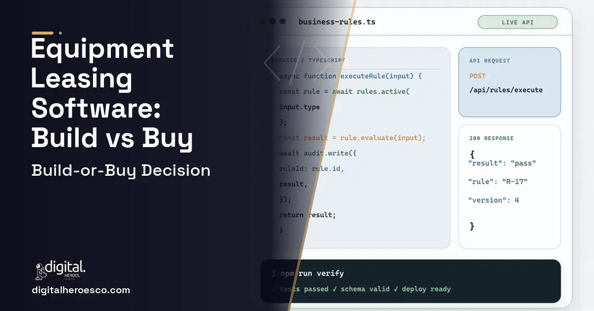 Custom Software Development code editor and API illustration for Equipment Leasing Software Build vs Buy Guide.
