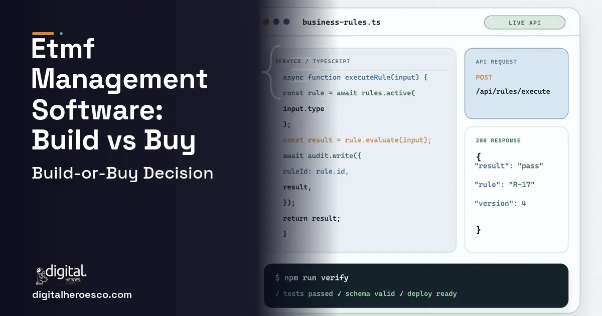 Custom Software Development code editor and API illustration for Etmf Management Software Build vs Buy Guide.