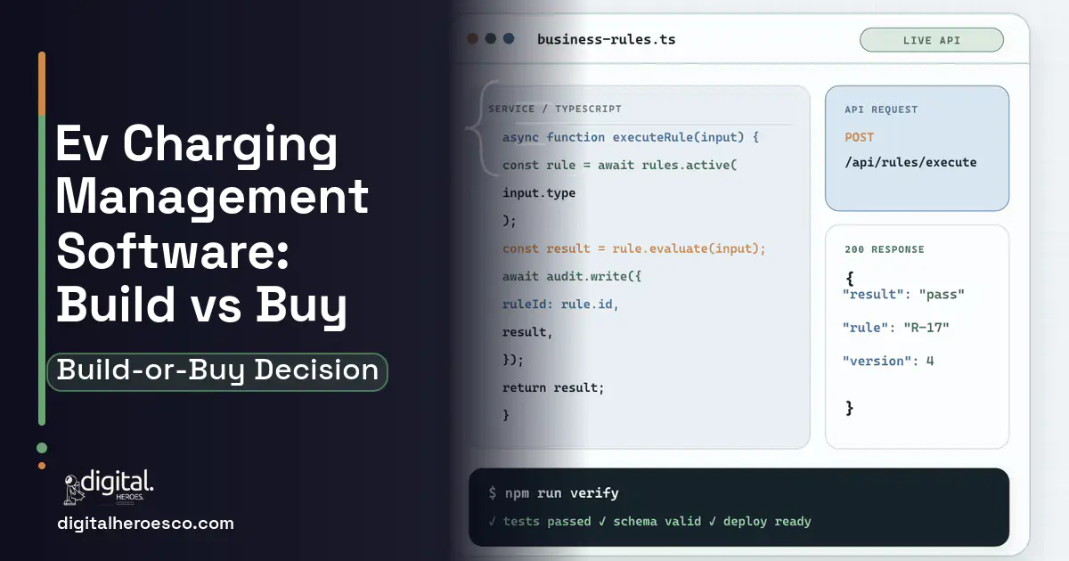 Custom Software Development code editor and API illustration for EV Charging Management Software Build vs Buy Guide.