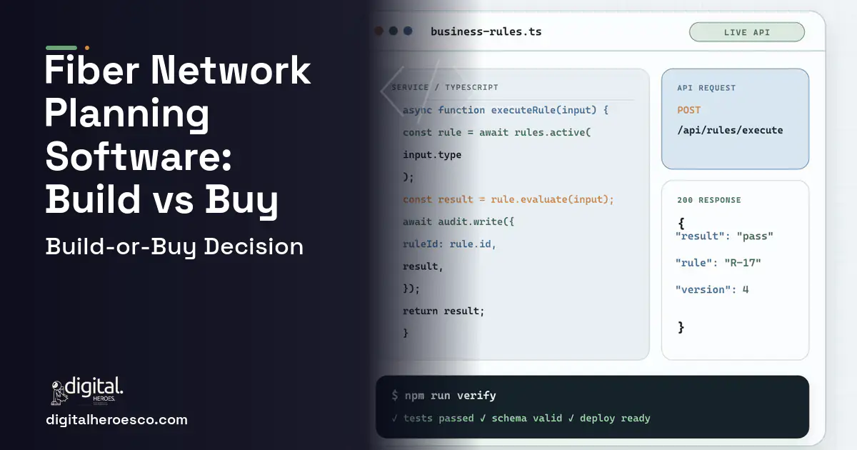 Custom Software Development code editor and API illustration for Fiber Network Planning Software Build vs Buy Guide.