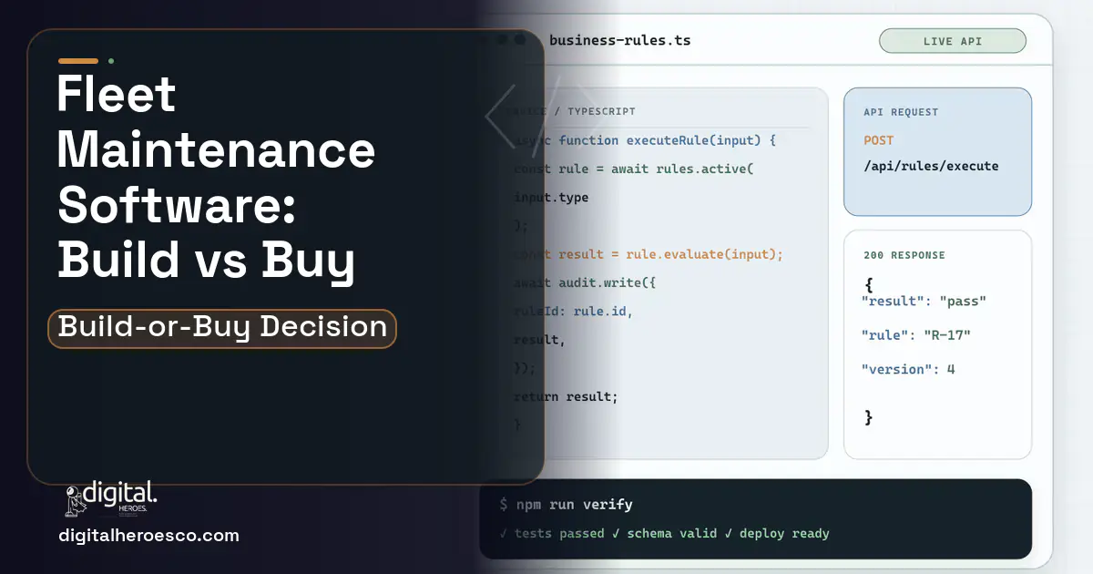 Custom Software Development code editor and API illustration for Fleet Maintenance Software Build vs Buy Guide.