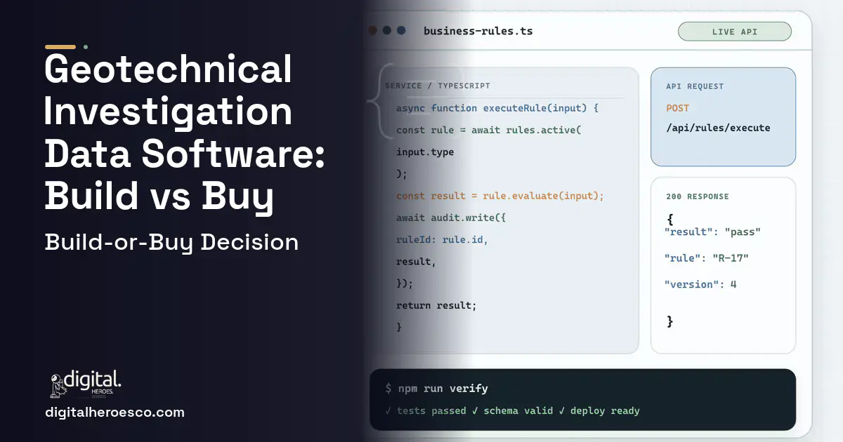 Custom software code editor and API illustration for Geotechnical Investigation Data Software Build vs Buy Guide.