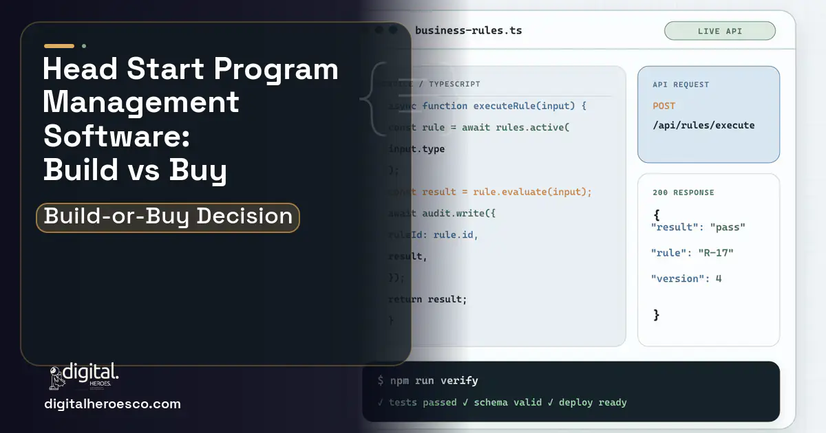 Custom software code editor and API illustration for Head Start Program Management Software Build vs Buy Guide.