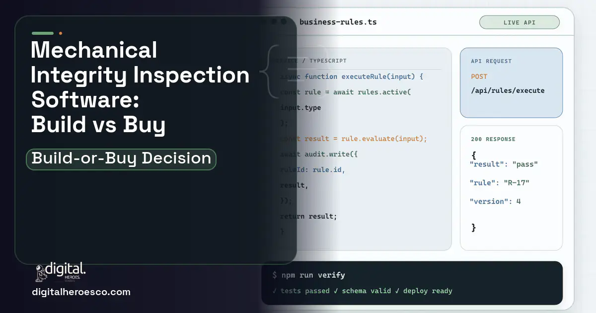 Custom software code editor and API illustration for Mechanical Integrity Inspection Software Build vs Buy Guide.