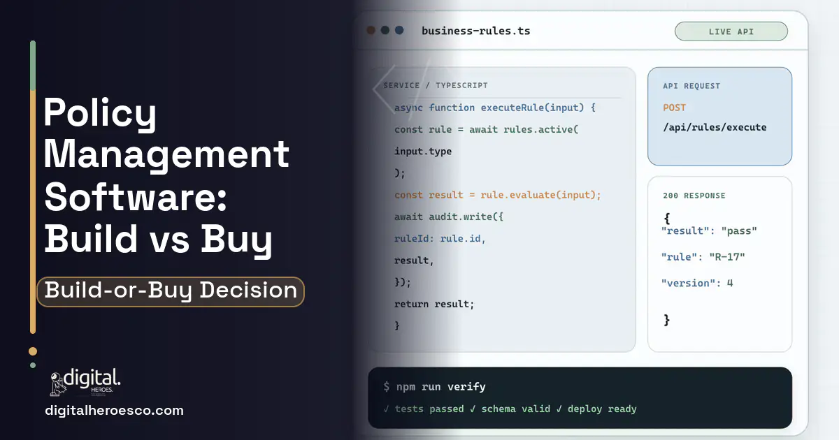 Custom Software Development code editor and API illustration for Policy Management Software Build vs Buy Guide.