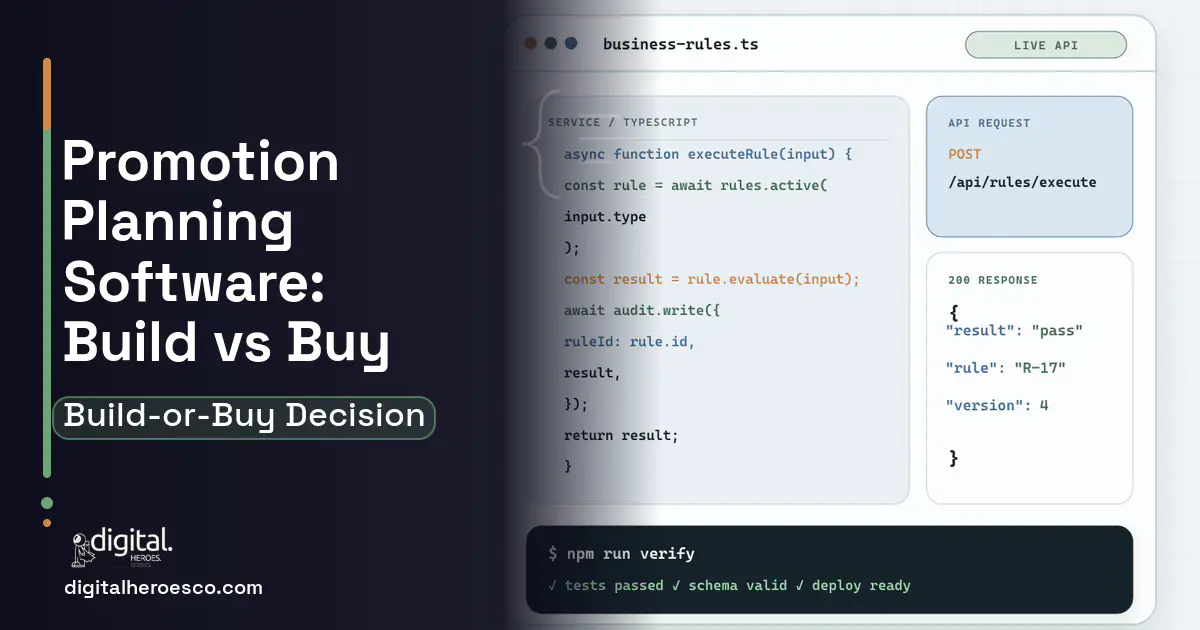 Custom Software Development code editor and API illustration for Promotion Planning Software Build vs Buy Guide.