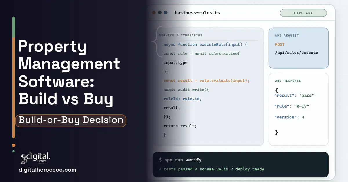 Custom Software Development code editor and API illustration for Property Management Software Build vs Buy Guide.
