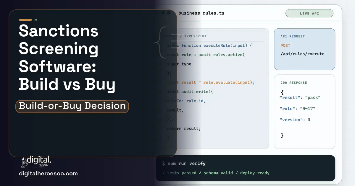 Custom Software Development code editor and API illustration for Sanctions Screening Software Build vs Buy Guide.