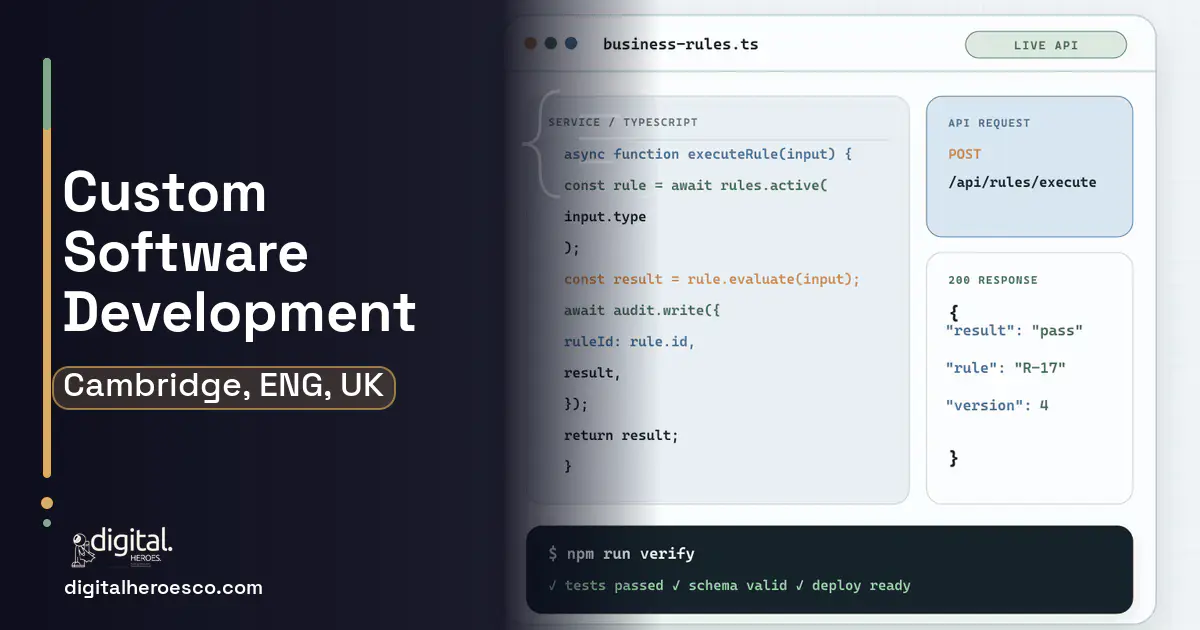 Custom Software Development code editor and API illustration for Cambridge, ENG, UK.