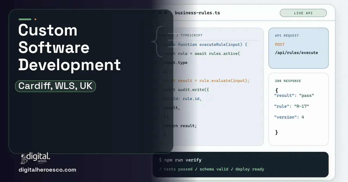 Custom Software Development code editor and API illustration for Cardiff, WLS, UK.